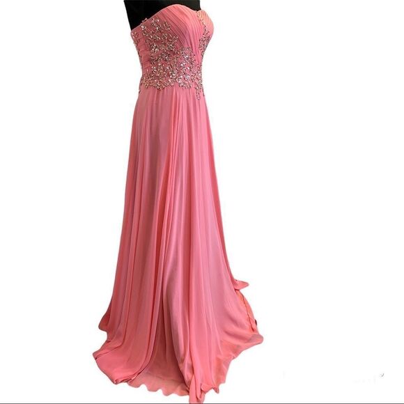 Anna Rose gorgeous pink sleeveless sequin beaded sweetheart prom bridesmaid gown - Picture 3 of 15